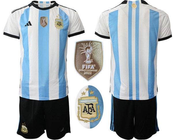 Youth Argentina White/Blue 2022 FIFA World Cup Final Winners Edition 3 Stars Home Soccer Jersey Suit